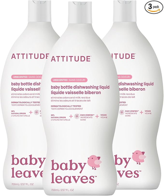 ATTITUDE Baby Bottle & Dish Soap, EWG Verified Bottle Cleaner, Fragrance Free & Dye Free, Removes Milk Residue & Grease, Vegan, Unscented, 23.7 Fl Oz (Pack of 3)