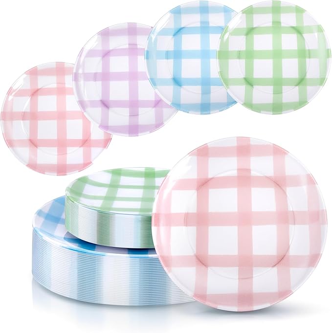 Liacere 32PCS Colorful Gingham Plastic Plates - Pink Green Gingham Plastic Plates Purple Blue 4 Colors Disposable Tableware Party Wedding Spring Holiday Supplies＆Summer ＆ Easter Day