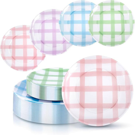 Liacere 32PCS Colorful Gingham Plastic Plates - Pink Green Gingham Plastic Plates Purple Blue 4 Colors Disposable Tableware Party Wedding Spring Holiday Supplies＆Summer ＆ Easter Day
