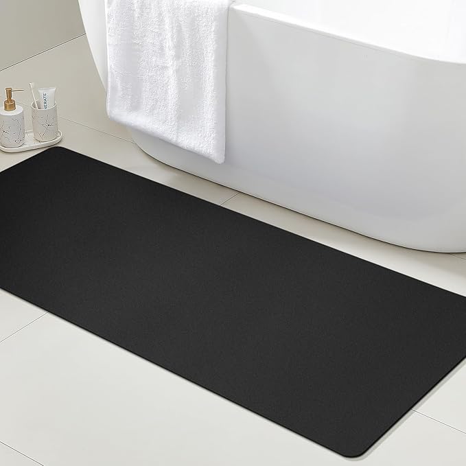 ACCUMTEK Non Slip Bath Mat, Thin Bathroom Rugs Fit Under Door, Quick Dry Bath Mats, Machine Washable Bath Rugs for Bathroom, Bathtub & Kitchen, Black/Solid/48 x20