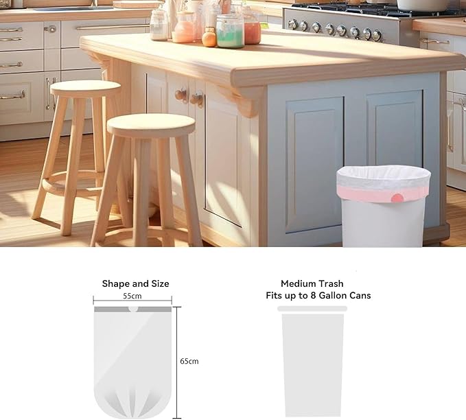 WAIKAS 8 Gallon Trash Bags Drawstring, Pack of 40, 8 gal Garbage Bags, 55x65cm Size, 8.4g/pcs, Unscented, White