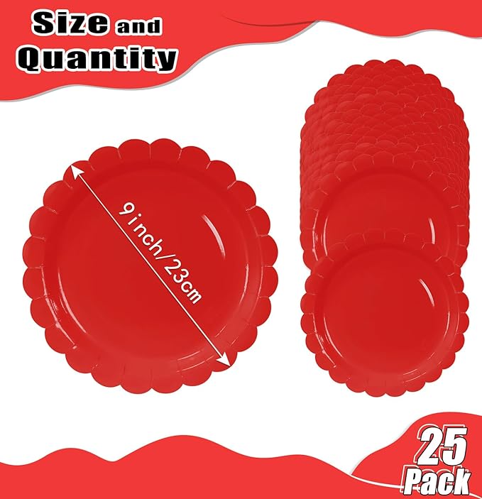 HEIPINIUYE 25 Pieces Red Paper Plates 9 Inch Red Scalloped Plates Disposable Dinner Plate for Wedding Baby Shower Birthday Christmas Party Dessert Plate