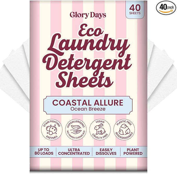Glory Days Eco Laundry Detergent Sheets Ocean Fresh Scent – Enzyme-Powered, Plastic-Free, Gentle on Skin – 40 Sheets 80 Loads HE Compatible