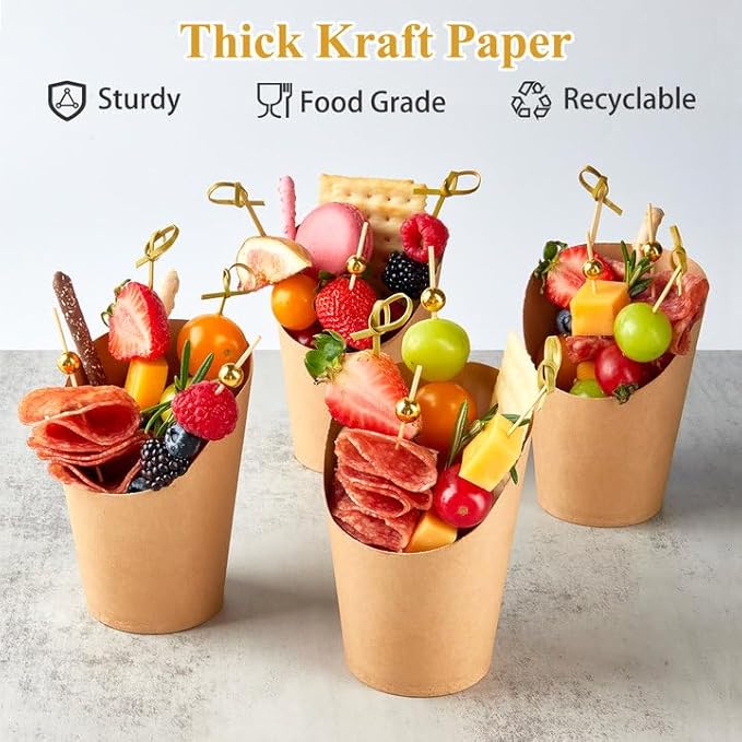 ZORRITA 50 Sets 14 oz Charcuterie Cups with Sticks, Individual Kraft Paper Charcuterie Boxes Disposable Individual Appetizer Serving Cups (50 Cups + 200 Cocktail Picks + 50 Bags + 50 Ties)