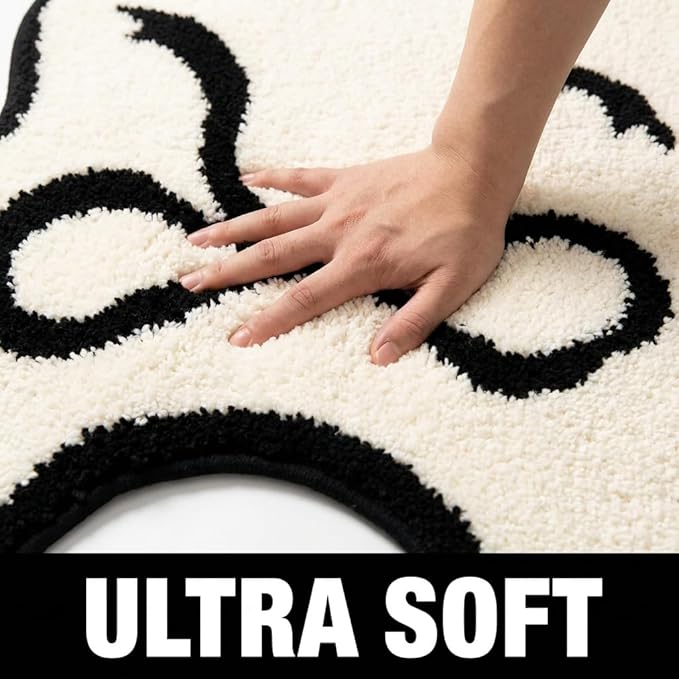 Black Scalloped U-Shaped Toilet Mat 20x24, Cute Luxury Plush Bath Rug, Soft Absorbent Non-Slip Microfiber Floor Mat for Bathroom Decor and Toilet Base, Machine Washable