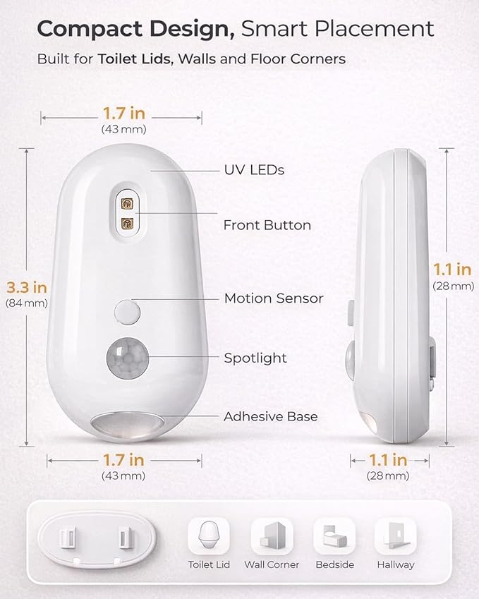 Self Cleaning UV Toilet Sanitizer and Night Light, Motion-Activated, USB Rechargeable, Adhesive-Mounted, 6-Color RGB Mode, IPX5 Waterproof for Shared Bathroom, Elderly & Pet(1pc)