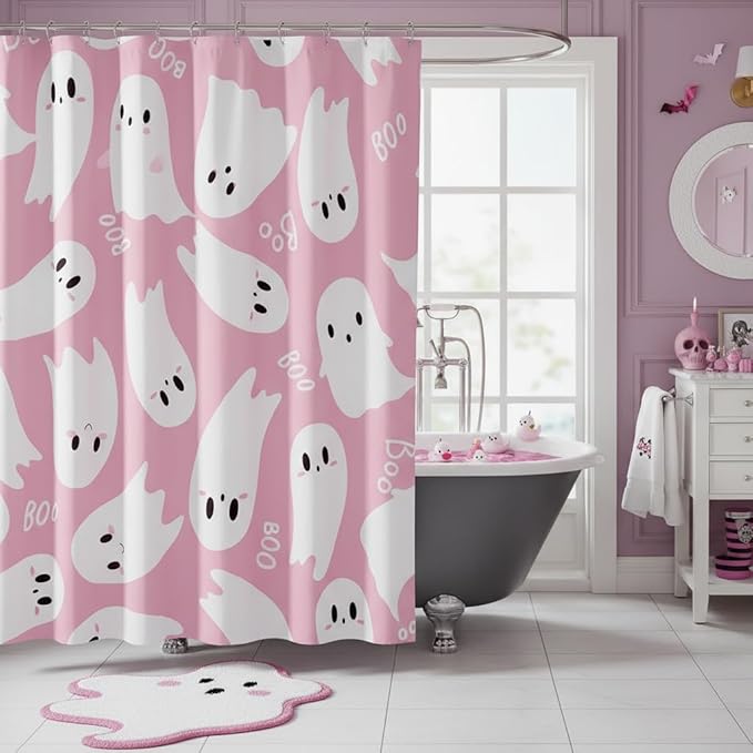 Castle Fairy Happy Halloween Shower Curtain,Cartoon Ghost Pink White Bath Curtain for Kids Bathroom Decor,Watercolor Print Waterproof Shower Curtain 72" Wx78 L