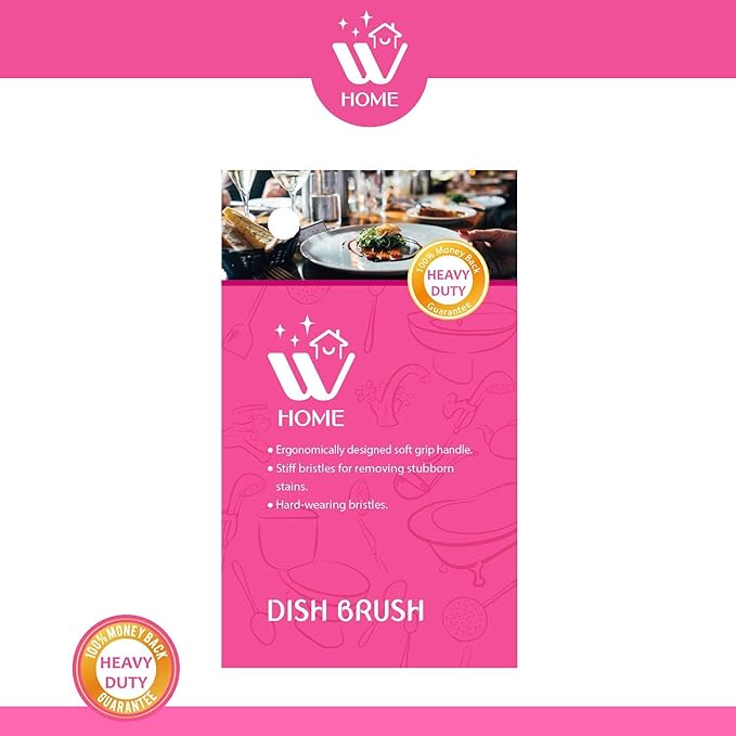 Natural Solution WBM Home Dish Brush, 3-Pack Pink, Nylon Bristles & Handle, Kitchen & Bathroom Cleaning Brushes