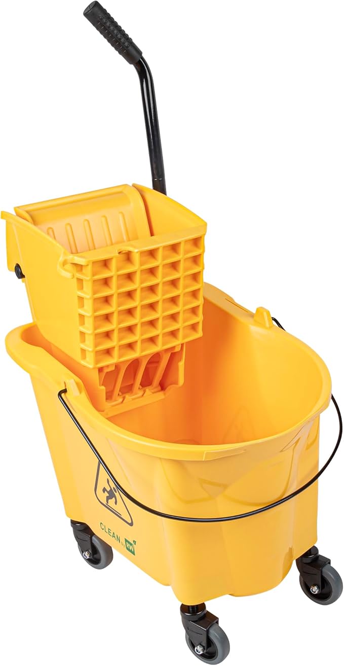 Restaurantware RW Clean 38 Quart Industrial Mop Bucket 1 Combo Mop Wringer Bucket - With Side Press Wringer Built-In Casters Yellow Plastic Commercial Mop Bucket Carry Handle For Commercial Use