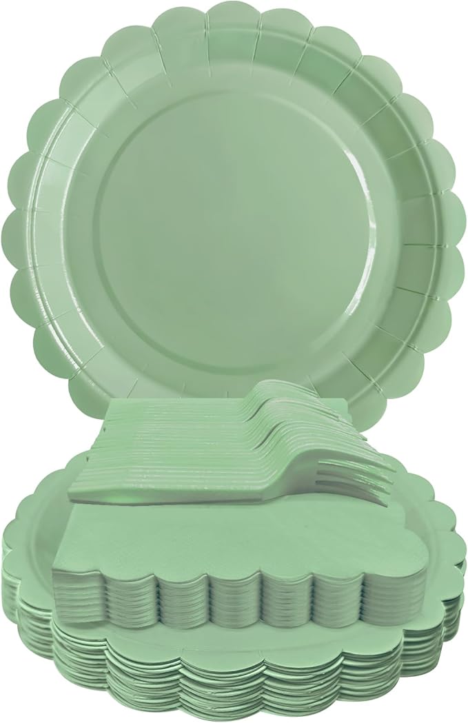 Sage Green Paper Plates and Napkins,7 Inch Sage Green Scalloped Disposable Dessert Plates Paper Napkin Fork Party Supplies for Wedding Baby Shower Birthday(25 Guest)