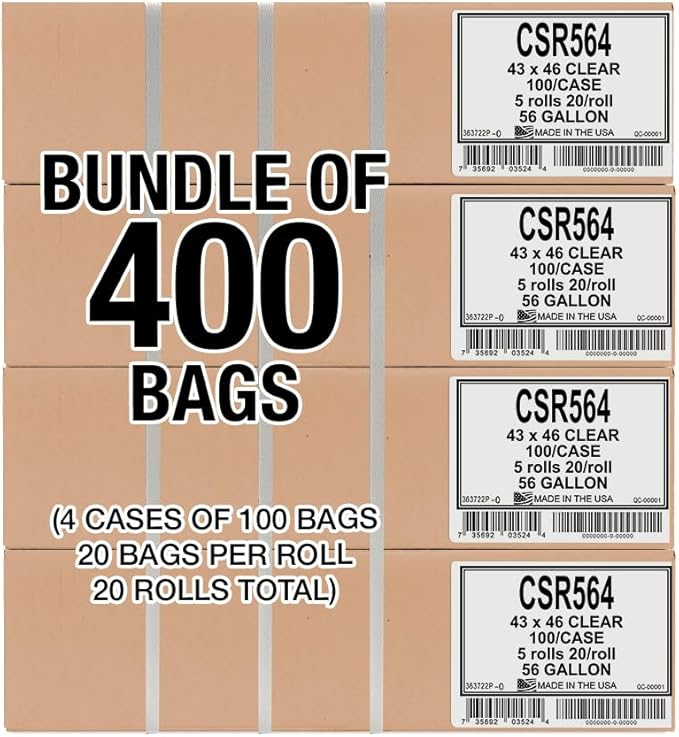 Aluf Plastics - Tough Garbage Bag, 56 Gallon, 2 Mil (eq), 43"x46", Clear, 400 Count (5 Rolls of 20)