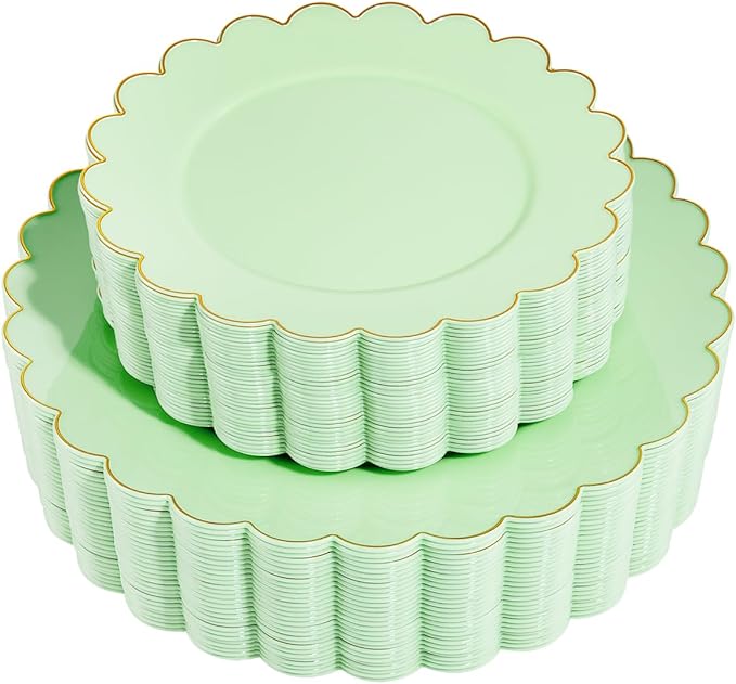 LIYH 60 Pcs Light Green Plastic Plates with Gold Edges, Disposable Sage Green and Gold Plastic Plates Includes 30 Dinner Plate 10.25 Inch and 30 Dessert Plate 7.5 Inch for Birthday Party