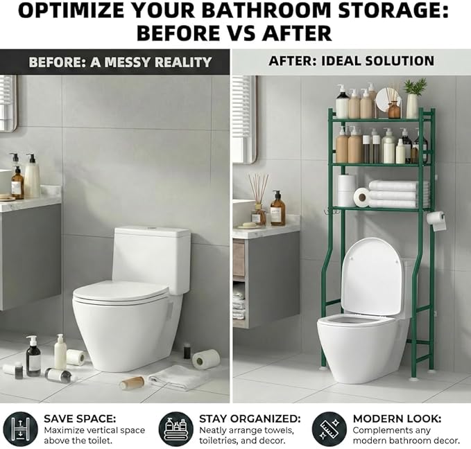 GloTika 3-Tier Over Toilet Storage with Anti-Tilt Safety System - 150lb Total Capacity Metal Bathroom Shelves Including Paper Holder & 4 Hooks, Space Saving Above Commode Organizer (64" H, Green)
