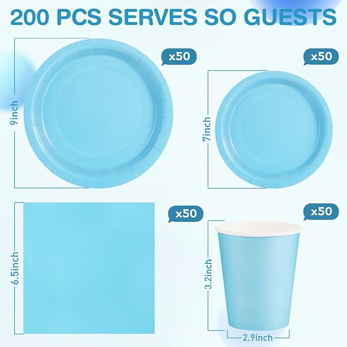 200Pcs Blue Paper Plates and Napkins Cups, Blue Plates and Napkins Party Supplies, Boy Baby Shower Serve 50