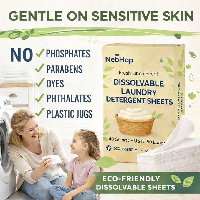 Eco Friendly Laundry Detergent Sheets – Biodegradable Detergent Strips, Fresh Linen Scent, Hypoallergenic Plant Based Washer Sheets, Plastic Free Travel Laundry Detergent, 40 Sheets (80 Loads)