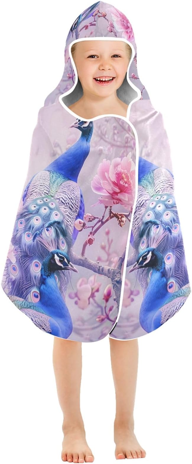 Hooded Towel for Kids A Pair of Pale Blue Peacocks Beach Wrap Bath Towels 50x23.5in