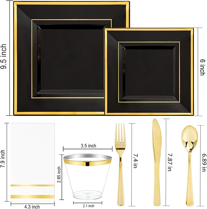 Festiva 350Pcs Black and Gold Plastic Plates-50Guests Disposable Square Black Dinnerware Set include 100 Plastic Plates,50Cups,150Plastic Cutlery,50Napkins for Birthday Party &Wedding&Graduation