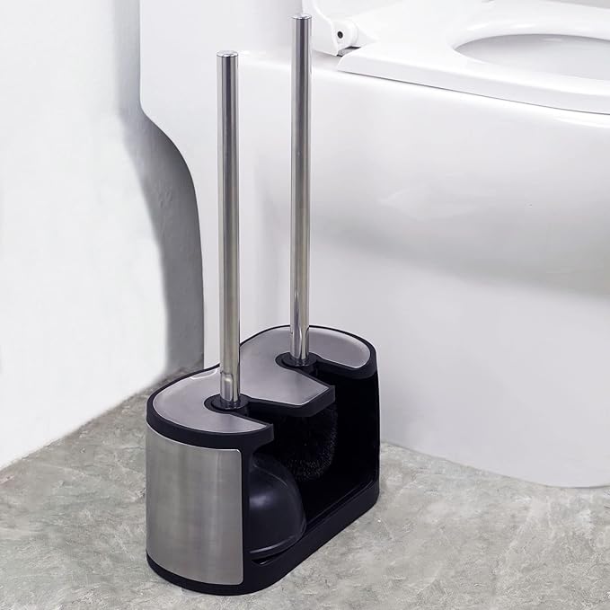 Casaphoria Stainless Steel Toilet Bowl Brush with Holder and Plunger Set, Freestanding Canister for Bathroom, 2 in 1 Hideaway Holder Heavy Duty Unclogger Plunger