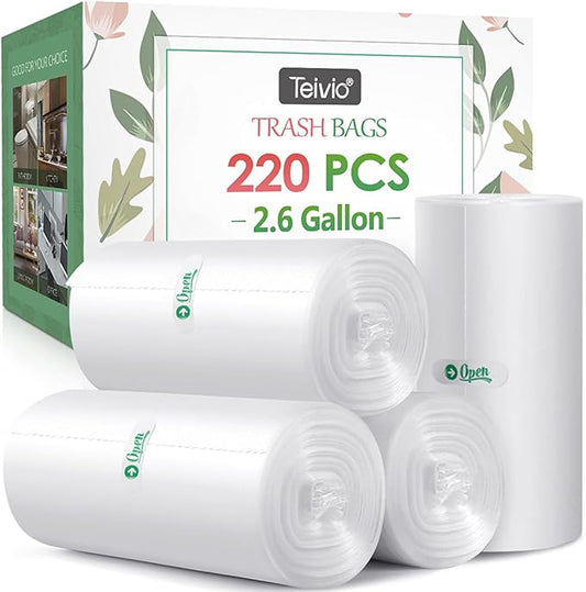 2.6 Gallon 220 Counts Small Trash Bags Garbage Bags by Teivio, Bathroom Trash Can Bin Liners, Small Plastic Bags for home office kitchen,fit 10 Liter, 2,2.5,3 Gal, Clear