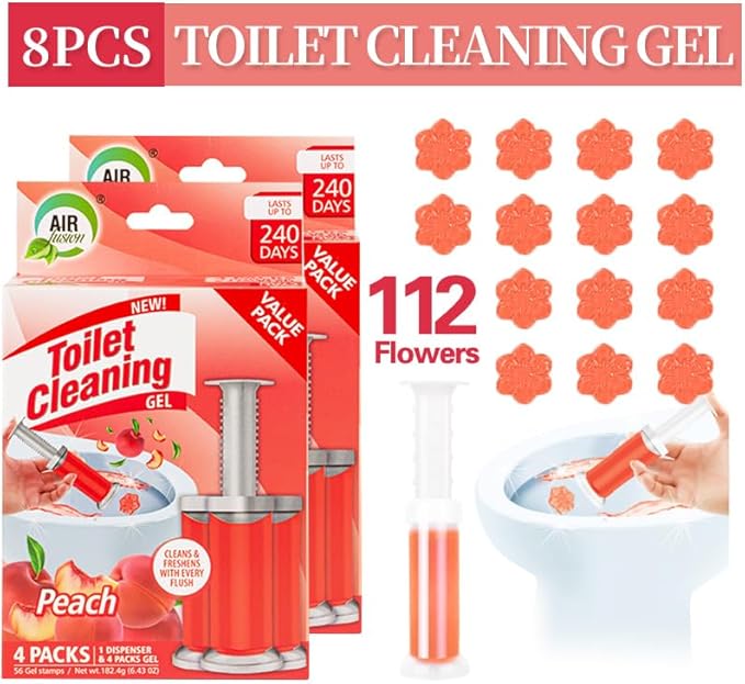 Toilet Cleaning Gel Peach Scent. Pack of 4 (6.43oz) with 56 Gel Stamps for Continuous Toilet Cleaning, Deodorizing & Fruity Freshness.
