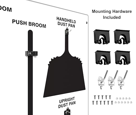 Clean & Sweep 5S Shadow Board/Wall Mount Broom Holder, 68" x 30" Board, 5S Cleaning Station - with Broom and Dustpan Set Included, Made in The USA by AccuformNMC, White/Black, PSB116WTBK