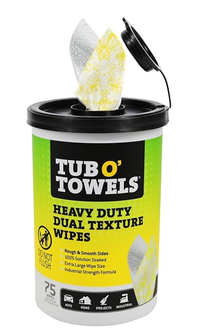 Tub O' Towels TW75 Heavy-Duty Multi-Surface Cleaning Wipes – Dual Texture 10" x 12" XL, 75 Count – Removes Grease, Tar, Oil, Paint, Ink & Tough Stains – Degreaser for Home, Garage, Auto & Workshop
