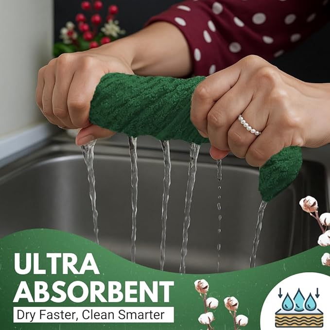 Infinitee Xclusives Premium Kitchen Towels – Pack of 3, 100% Cotton 15 x 25 Inches Absorbent Dish Towels - Terry Kitchen Dishcloth Towels - Green Dish Cloth for Household Cleaning