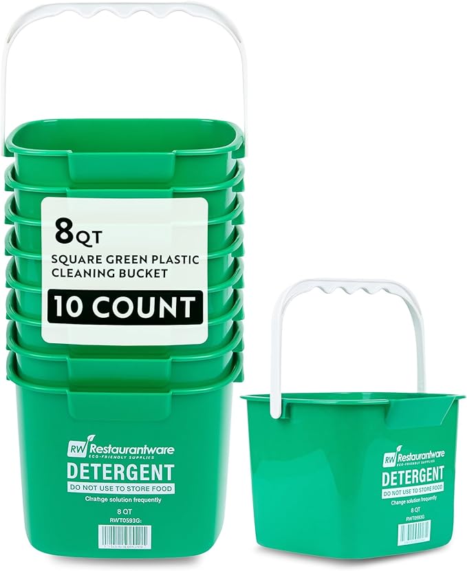 Restaurantware-RW Clean 8 Quart Cleaning Buckets, 10 Detergent Square Buckets - With Measurements, Built-In Spout And Handle, Green Plastic Utility Buckets, For Home Or Commercial Use,