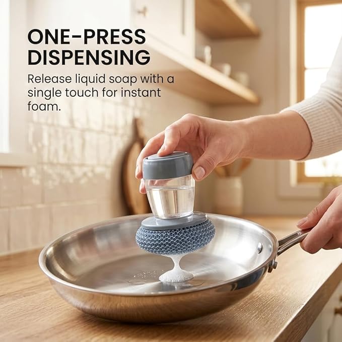 Sakerplus Soap Dispensing Palm Brush,One-Press Kitchen Scrub Brush with Built-in Soap Reservoir,Ergonomic Handheld Dish Cleaning Tool for Plates,Bowls,Glasses&Utensils (2, PET Material)