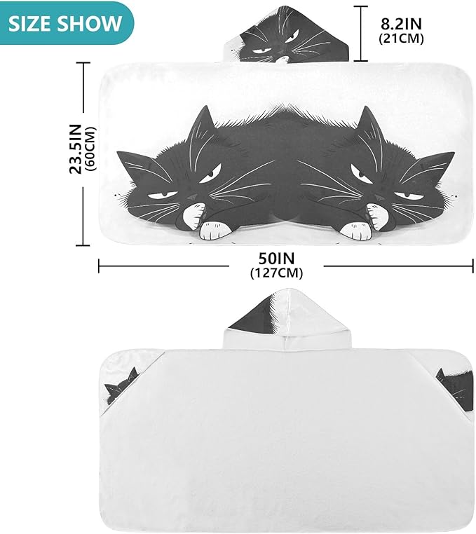Hooded Towel for Kids Black Cat Lying Lazily Beach Wrap Bath Towels 50x23.5in