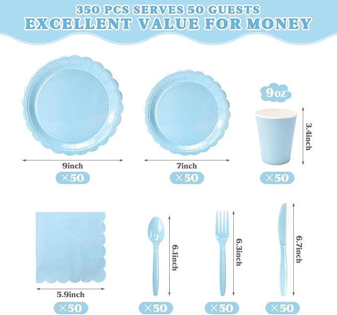 Vyntra 350 Pcs Light Blue Disposable Paper Plates and Napkins Set for 50, 9" Dinner Plates & 7" Dessert Plates, Tableware for Baby Shower, Birthday, Picnic, Party