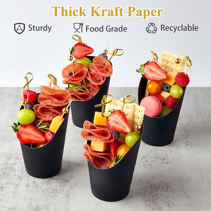 ZORRITA 50 Sets 14 oz Charcuterie Cups with Sticks and Bags, Individual Black Paper Charcuterie Boxes Disposable Individual Appetizer Serving Cups (50 Cups + 200 Cocktail Picks + 50 Bags + 50 Ties)