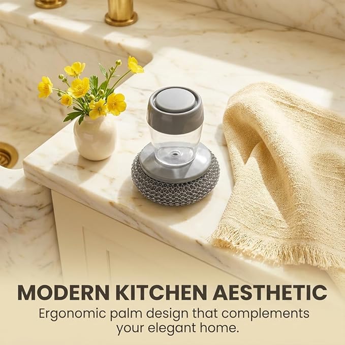 Sakerplus Soap Dispensing Palm Brush,One-Press Kitchen Scrub Brush with Built-in Soap Reservoir,Ergonomic Handheld Dish Cleaning Tool for Plates,Bowls,Glasses&Utensils (1, PET Material)