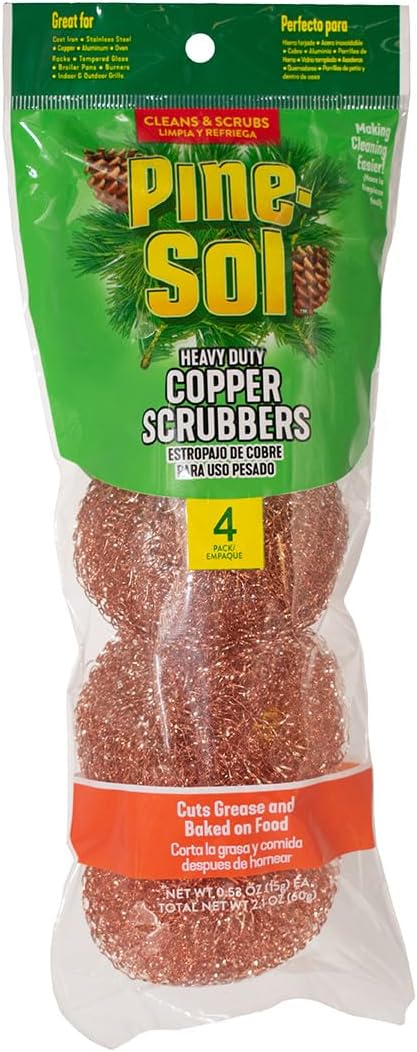 Pine-Sol Heavy-Duty Copper Coated Scrubbers - Premium Scrub Sponges for Cast Iron Pans, Stainless Steel Cookware, Oven Racks, and Grills, 4 Pack