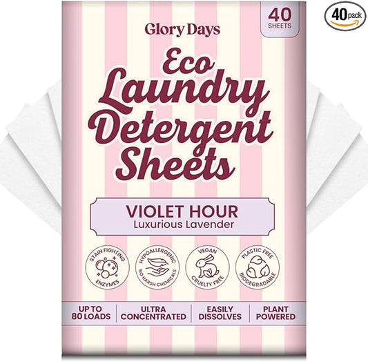 Glory Days Eco Laundry Detergent Sheets Lavender Scent – Enzyme-Powered, Plastic-Free, Gentle on Skin – 40 Sheets 80 Loads HE Compatible