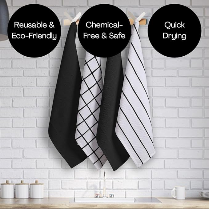 Assorted Waffle Kitchen Dish Towels Cotton Set of 6, Soft Absorbent Quick Drying Table and Kitchen Linen, Tea Towels and Cleaning Towels with Hanging Loop, Dish Towels 15x25 Black