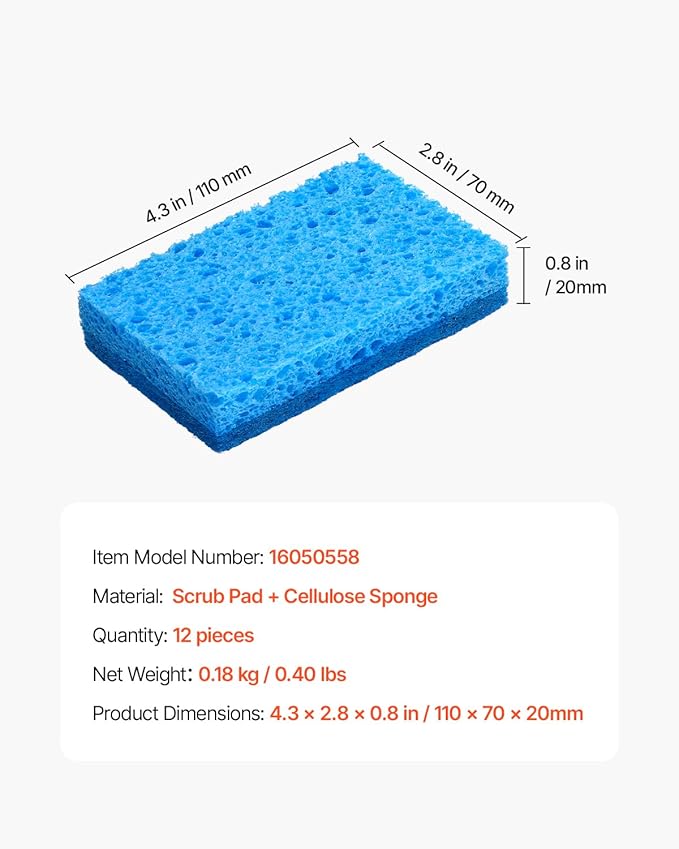 VEVOR Sponges, 12 Pcs Durable Natural Kitchen Sponges with Cellulose & Scrub Pad, Easy-to-Rinse Cleaning with Honeycomb Structure & Quick Water Absorption, Fit for Home Cleaning