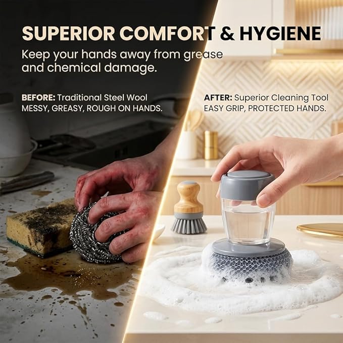 Sakerplus Soap Dispensing Palm Brush,One-Press Kitchen Scrub Brush with Built-in Soap Reservoir,Ergonomic Handheld Dish Cleaning Tool for Plates,Bowls,Glasses&Utensils (2, Steel Wire Material)