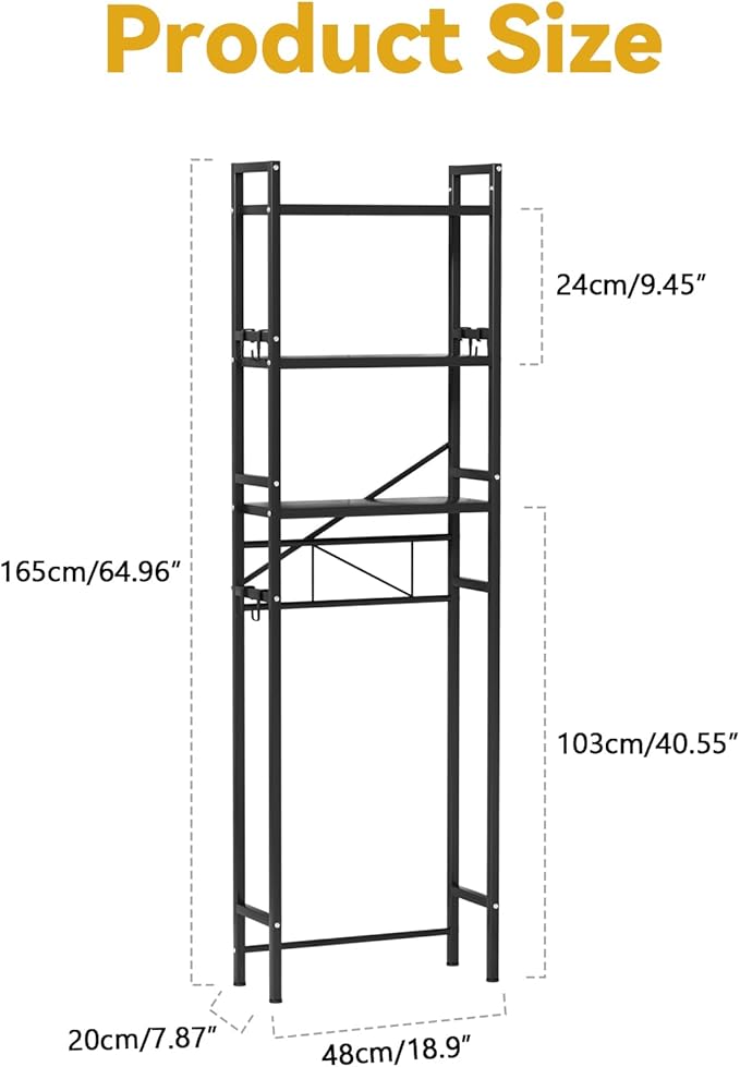 Over The Toilet Shelf, 3-Tier Adjustable Freestanding Metal Bathroom Organizer Shelves with Hooks,Space-Saving for Narrow Small Bathroom,18.9" Wx7.9 D x65 H