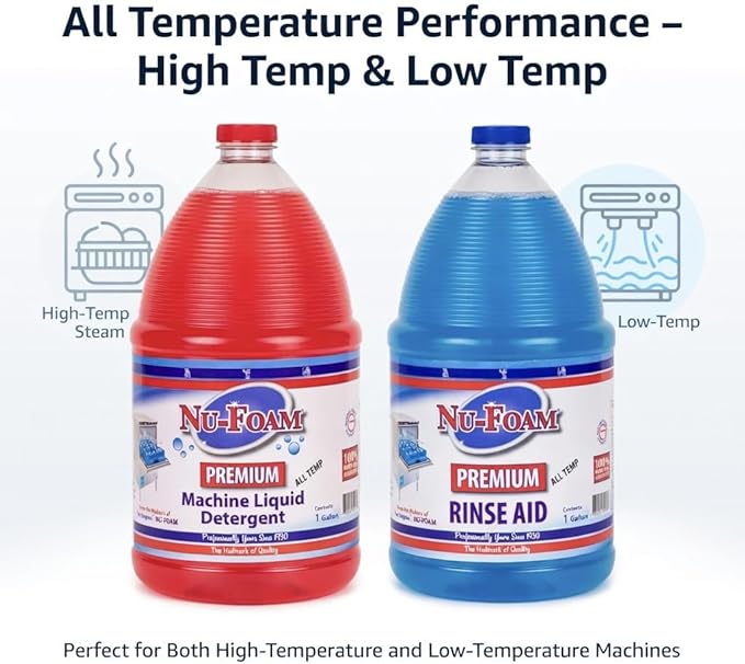 Nu-Foam Premium Commercial Dishwasher Detergent and Rinse Aid Set, 1 Gallon Each