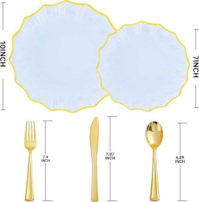 U-QE 150PCS Blue and Gold Plastic Plates with Gold Disposable Silverware for 30 Guests, Vintage Blue Plastic Plates Include 30 Dinner Plate,30 Dessert Plate,90 Cutlery for Bridal Shower, Party