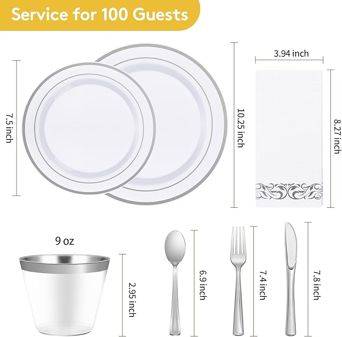 Goodluck 700 Pieces Silver Dinnerware Set for 100 Guests, Disposable Plastic Plates for Party, Include: 100 Dinner Plates, 100 Dessert Plates, 100 Paper Napkins, 100 Cups, 100 Silverware set
