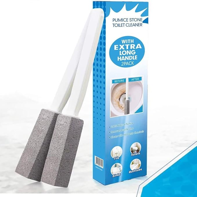 Pumice Stone Toilet Bowl Cleaner with Extra Long Handle (2 Pack) – Removes Hard Water Rings, Calcium, Lime & Rust – Non-Scratch Cleaning Stick for Toilet, Bathtub, Pool, Tile & Sink