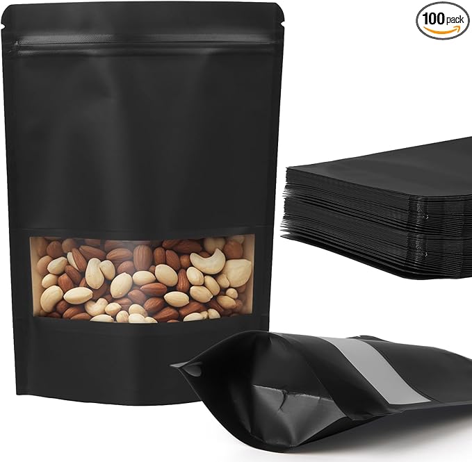 100 Pcs Black Kraft Paper Bags with Window, 5.5" x 7.9" Stand Up Pouches Bags, Food Storage Bags for Packaging Products, Reusable, Sealable