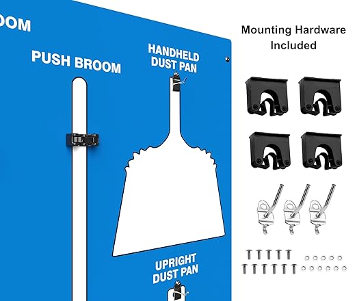 Clean & Sweep 5S Shadow Board/Wall Mount Broom Holder, 68" x 30" Board, 5S Cleaning Station - with Broom and Dustpan Set Included, Made in The USA by AccuformNMC, Blue/White, PSB716BUWT