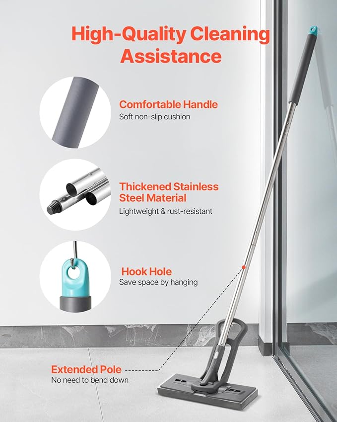 VEVOR Sponge Mop, High-Density PU Sponge Mop with 1 Pcs Sponge Mop Replacement, Easy to Squeeze Sponge Mop with Hook & Loop for Head Change, Fit for Various Floors’ Cleaning