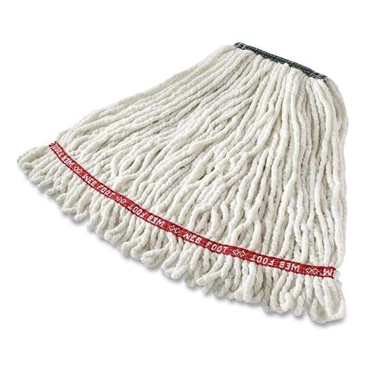 Rubbermaid Commercial Web Foot Shrinkless Wet Mop, Medium, 1-Inch Green Headband, White, Heavy Duty Industrial Wet Mop For Floor Cleaning Office/School/Stadium/Lobby/Restaurant