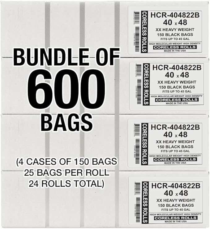 Aluf Plastics High Density Trash Bags, 45 Gallon, 600 Count, 22 Micron (eq), 40" x 48", Black, for Bathroom, Office, Industrial, Commercial, Janitorial, Municipal, Recycling