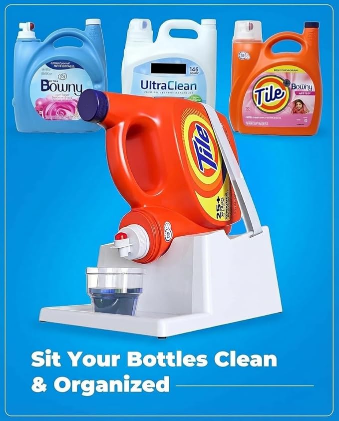 TidyFriend Liquid Laundry Detergent Holder Stand with Drip Tray & Rubber-Grip Feet, Stand for Laundry Room Organization and Storage, Fabric Softener Dispenser with Cup Holder for Easy Pouring (White)