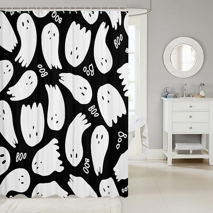 Black White Fabric Shower Curtain,Kids Cartoon Style Shower Curtain for Bathroom,Cartoon Halloween Ghost Waterproof Shower Curtain 78 Inch Long